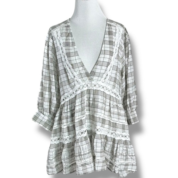 Free People Ethereal Dainty Prairie Plaid Lace Tunic Top XS Western Bohemian